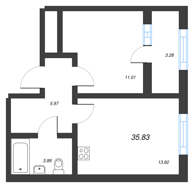 1-комнатная квартира, 36 м² - планировка, фото №1