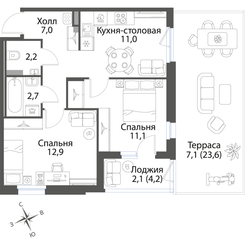 2-комнатная квартира, 56.1 м² в ЖК "Экография" - планировка, фото №1