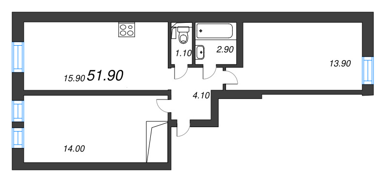 3-комнатная (Евро) квартира, 51.9 м² в ЖК "Эко Квартал Нега" - планировка, фото №1