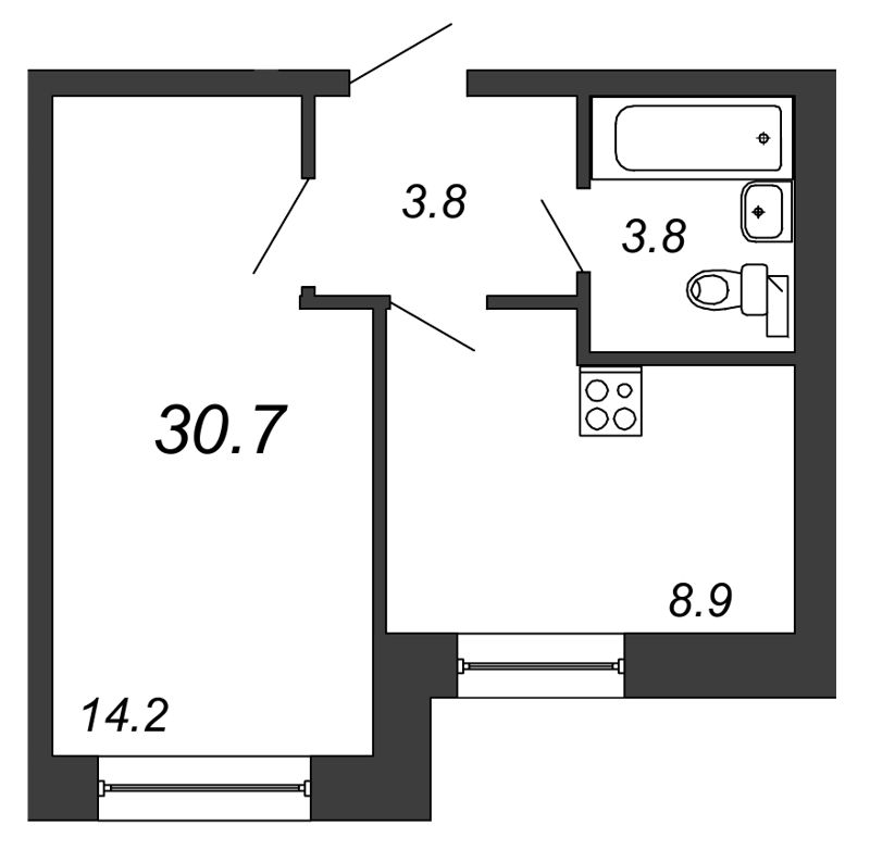 1-комнатная квартира, 30.7 м² - планировка, фото №1