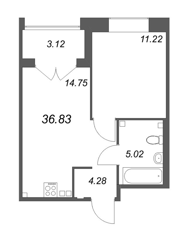 1-комнатная квартира, 36.83 м² в ЖК "Ranta Residence" - планировка, фото №1