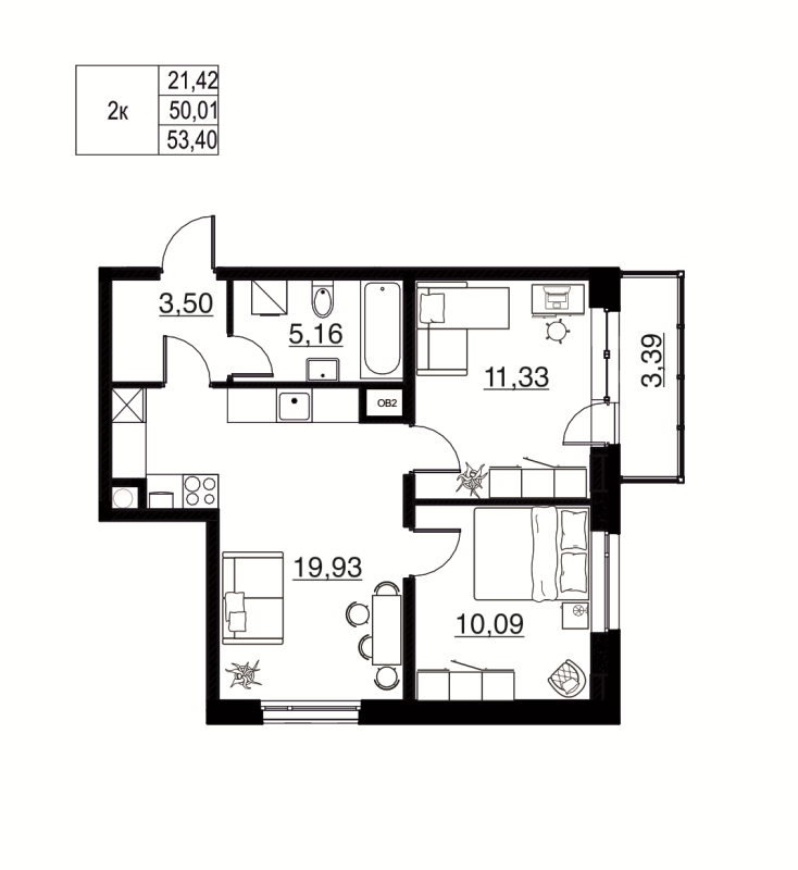 3-комнатная (Евро) квартира, 53.4 м² в ЖК "Соло. Петергоф" - планировка, фото №1