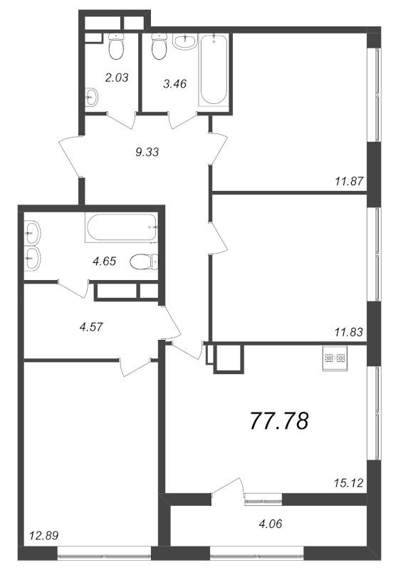 3-комнатная квартира, 77.78 м² - планировка, фото №1