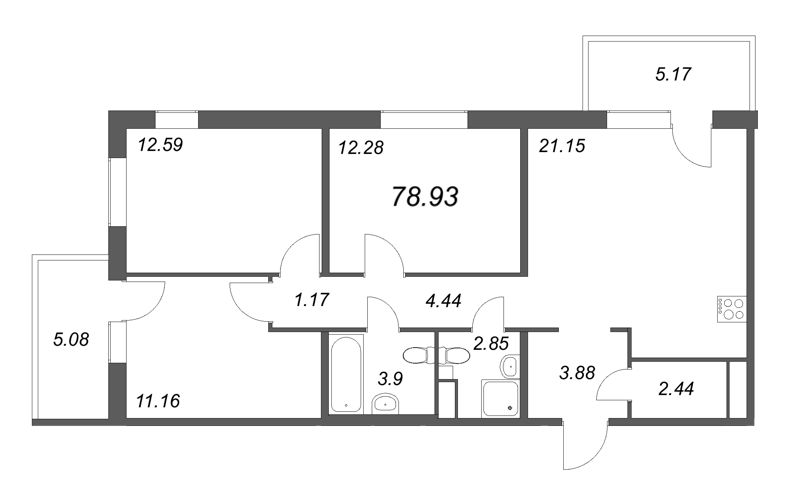 4-комнатная (Евро) квартира, 79.13 м² в ЖК "IQ Гатчина" - планировка, фото №1