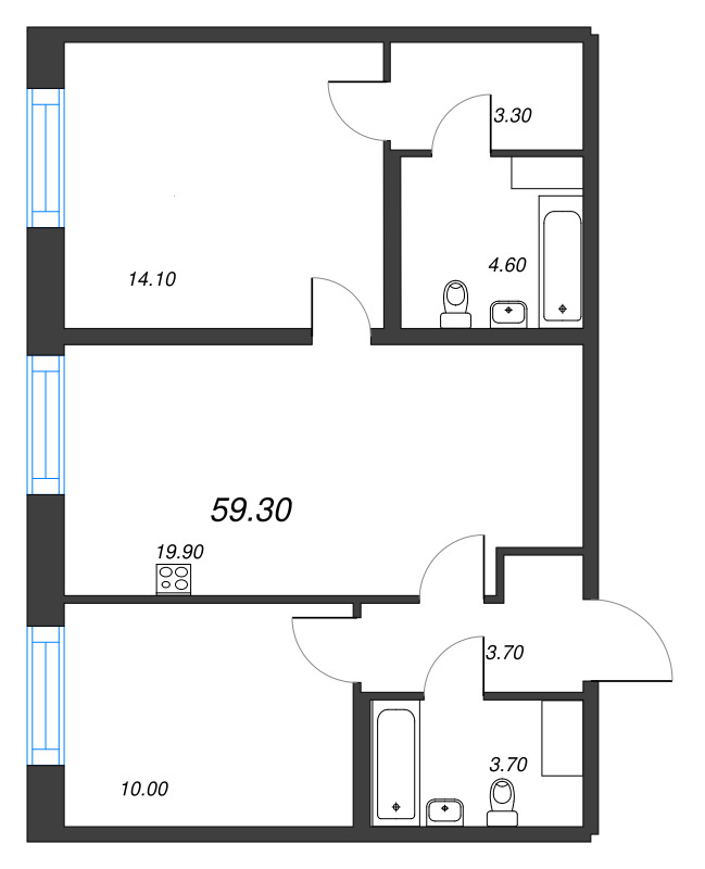 3-комнатная (Евро) квартира, 59.3 м² в ЖК "Парусная 1" - планировка, фото №1