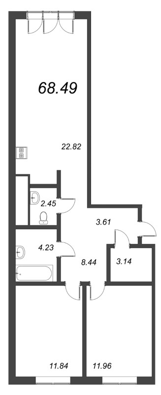 3-комнатная (Евро) квартира, 69.9 м² - планировка, фото №1