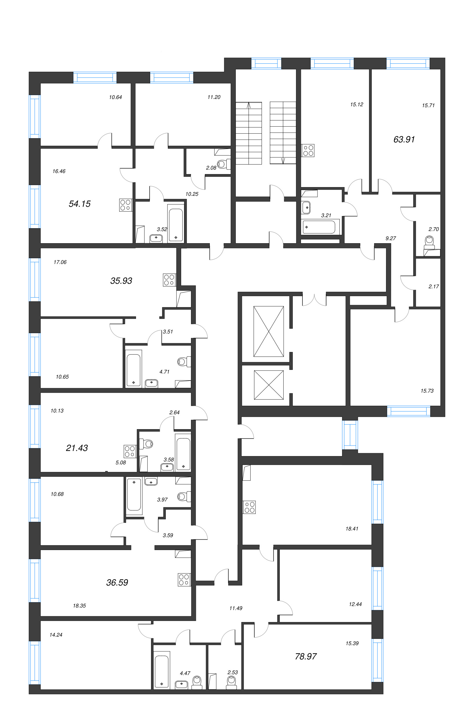 3-комнатная (Евро) квартира, 54.15 м² в ЖК "Остров Первых" - планировка этажа