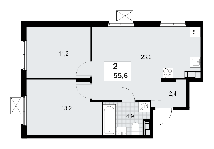3-комнатная (Евро) квартира, 55.6 м² - планировка, фото №1