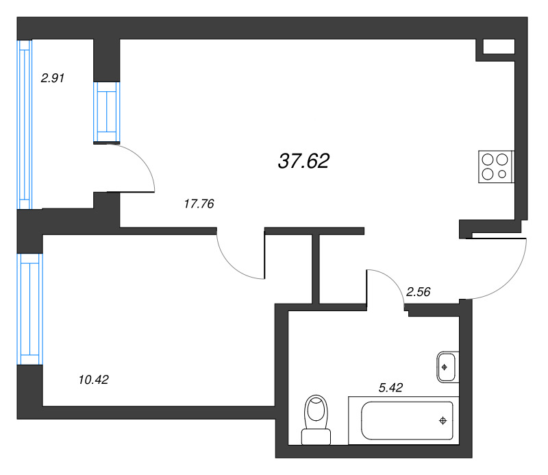 2-комнатная (Евро) квартира, 37.62 м² - планировка, фото №1