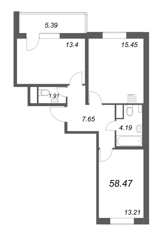 3-комнатная (Евро) квартира, 58.47 м² - планировка, фото №1