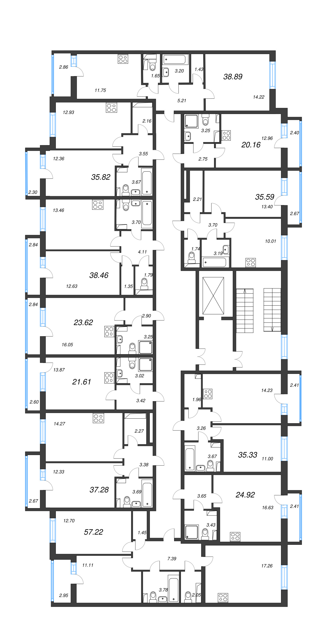 2-комнатная (Евро) квартира, 35.82 м² - планировка этажа
