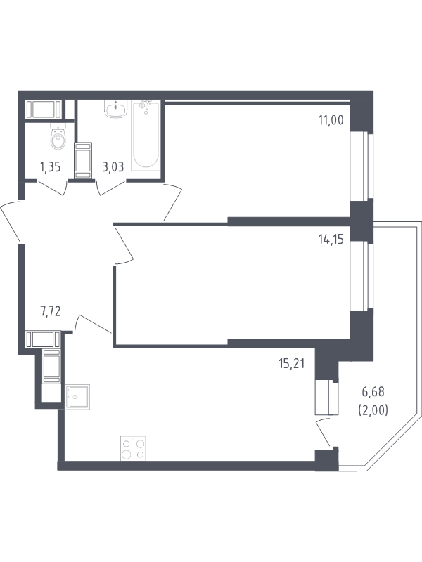 3-комнатная (Евро) квартира, 54.46 м² - планировка, фото №1