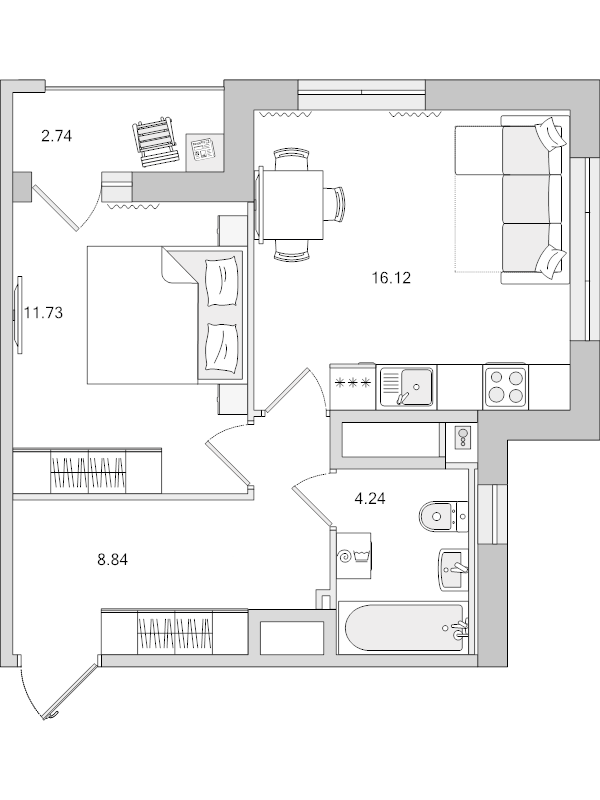 2-комнатная (Евро) квартира, 43.67 м² в ЖК "Город Первых" - планировка, фото №1