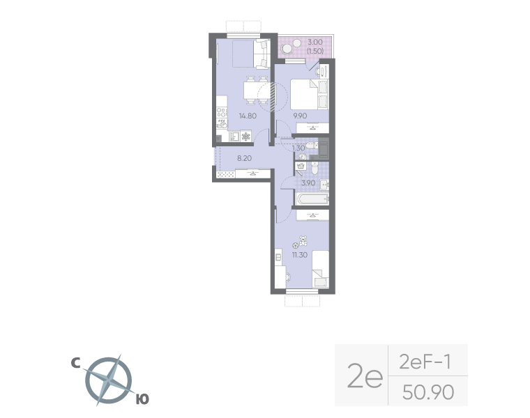 2-комнатная квартира, 50.9 м² - планировка, фото №1