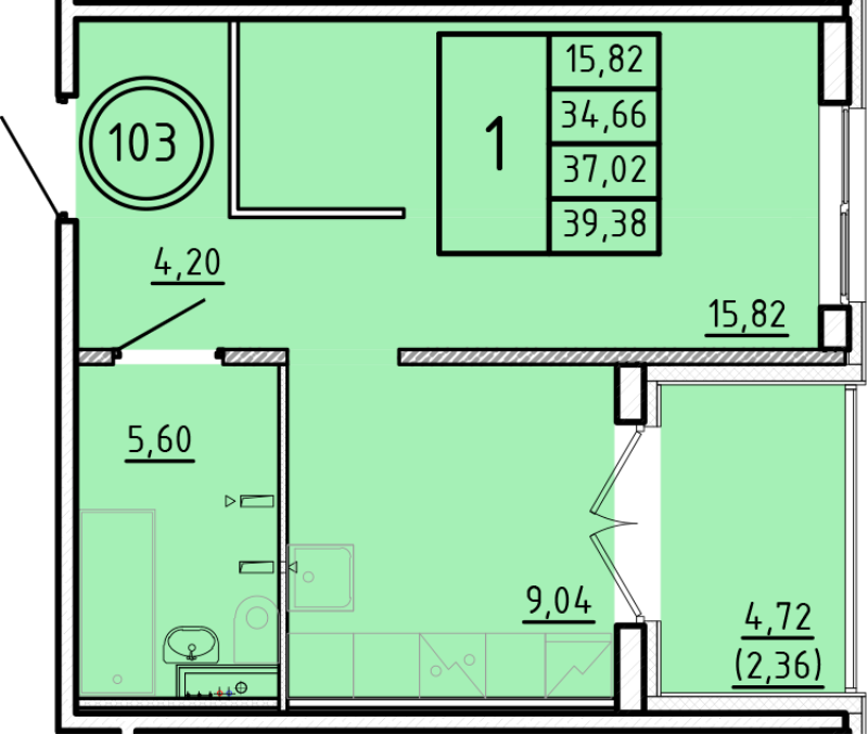 1-комнатная квартира, 34.66 м² в ЖК "Образцовый квартал 16" - планировка, фото №1
