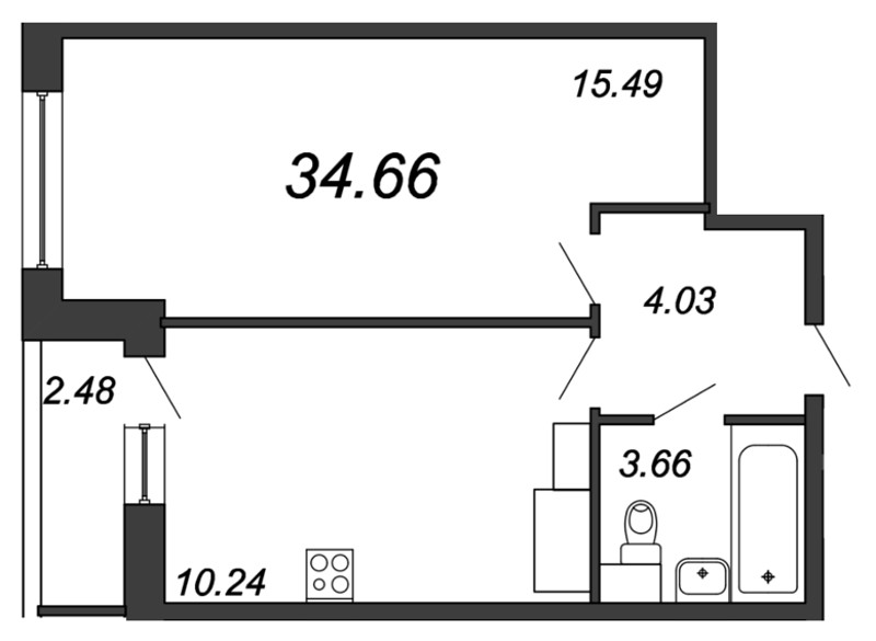 1-комнатная квартира, 34.66 м² - планировка, фото №1