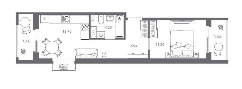 1-комнатная квартира, 43.15 м² - планировка, фото №1