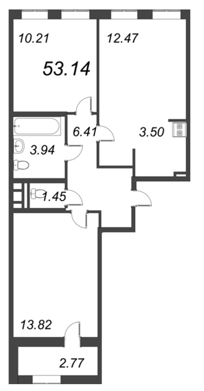 3-комнатная (Евро) квартира, 53.14 м² - планировка, фото №1