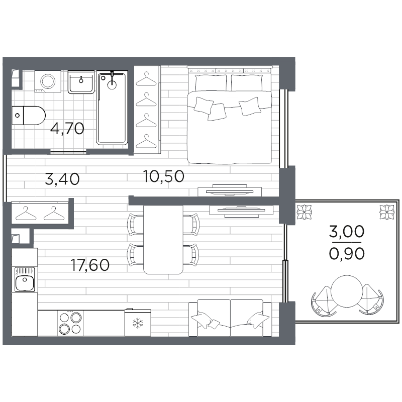 2-комнатная (Евро) квартира, 37.1 м² в ЖК "Плюс Пулковский" - планировка, фото №1