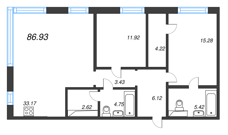 3-комнатная (Евро) квартира, 88 м² - планировка, фото №1