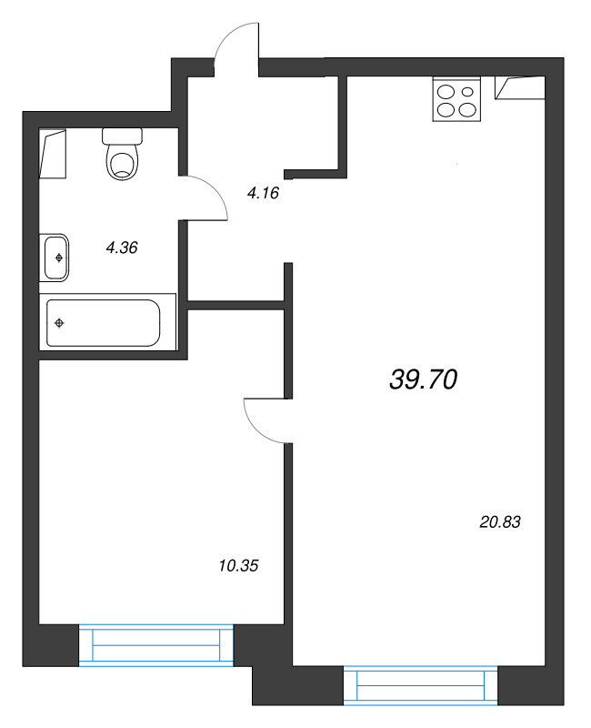 2-комнатная (Евро) квартира, 39.7 м² в ЖК "Остров Первых" - планировка, фото №1
