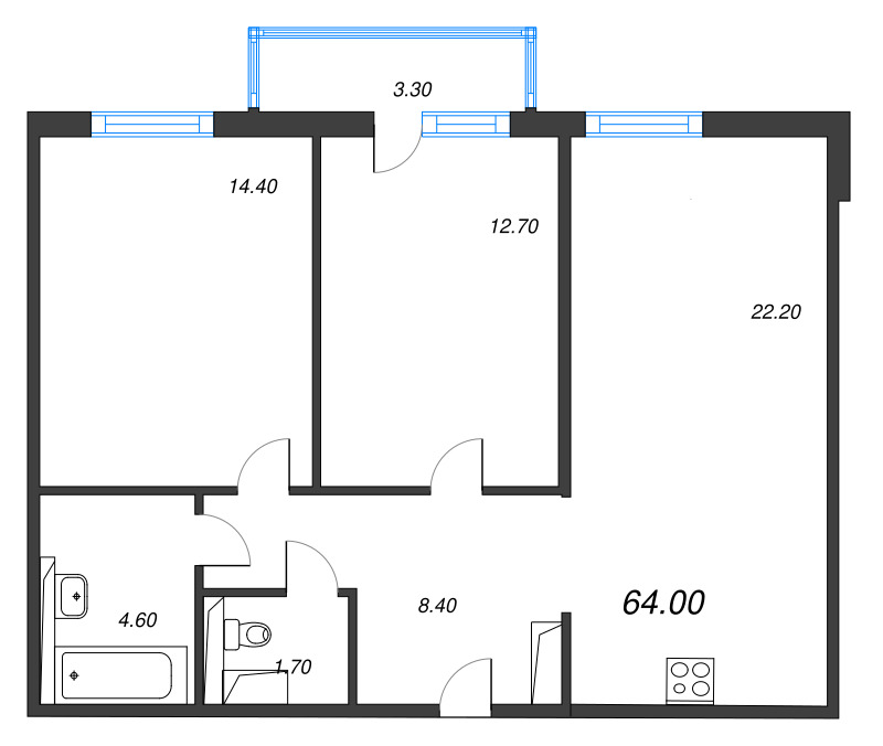 3-комнатная (Евро) квартира, 64 м² в ЖК "Руднева 15" - планировка, фото №1
