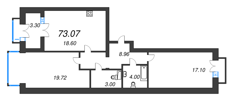 3-комнатная (Евро) квартира, 79.6 м² в ЖК "Наука" - планировка, фото №1